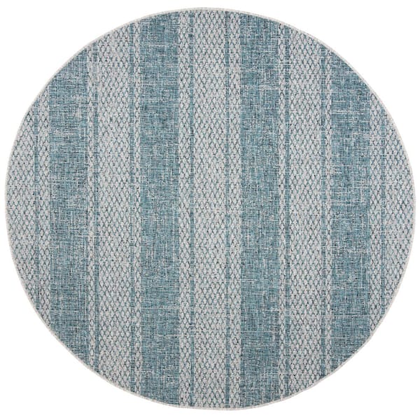 Courtyard Light Gray/Teal 4 ft. x 4 ft. Distressed Striped Diamond Indoor/Outdoor Round Area Rug