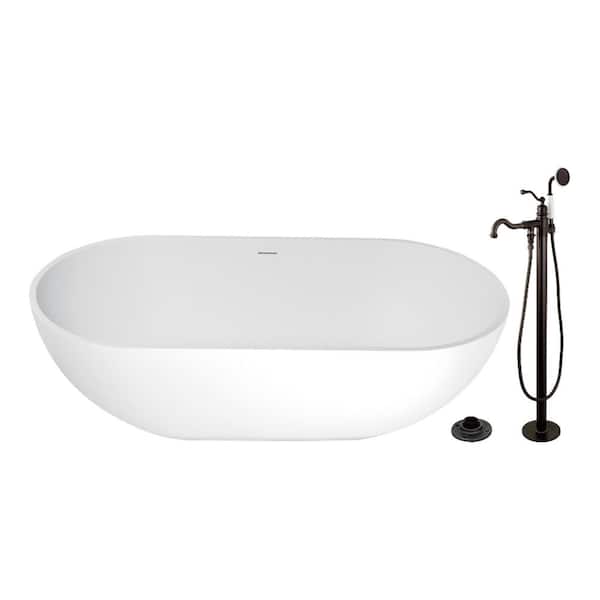 Arcticstone 70.1in. x 34.6in. Surface White Stone Flatbottom Soaking Freestanding Bathtub in White/Oil Rubbed Bronze