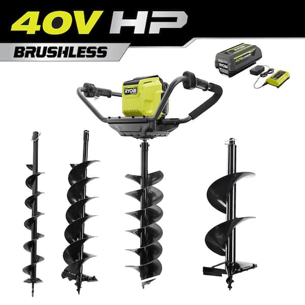 RYOBI 40V HP Brushless Cordless Earth Auger with 4,6, 8 and 10 in. Bits with 4.0 Ah Battery and Charger