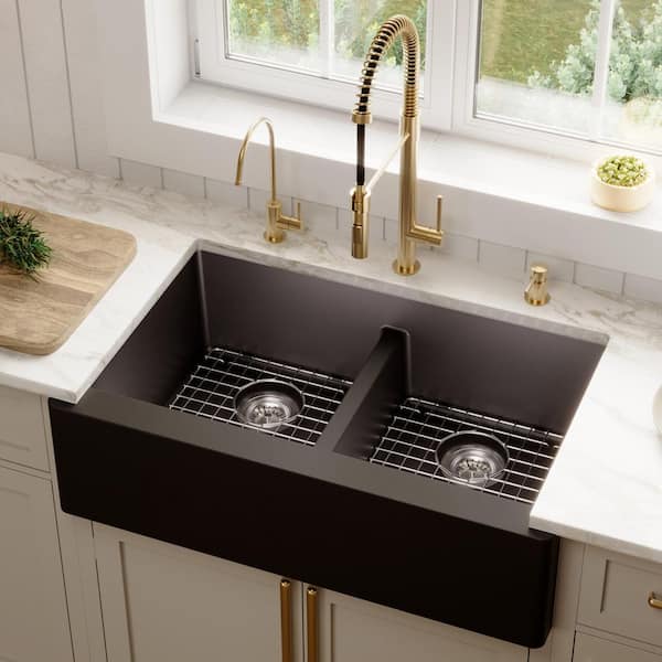 QA-750 Quartz/Granite 34 in. Double Bowl 50/50 Farmhouse/Apron Front Kitchen Sink in Black with Grid and Strainer