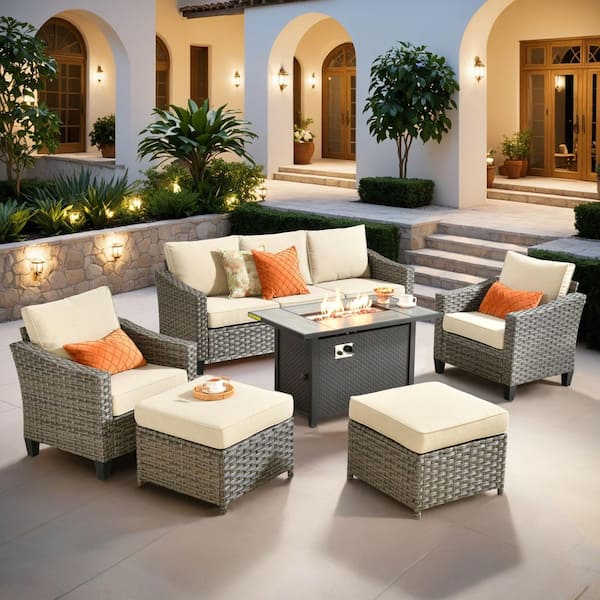 XIZZI Frangipani 6 Pieces Wicker Outdoor Patio Rectangular Fire Pit Set with Beige Cushions