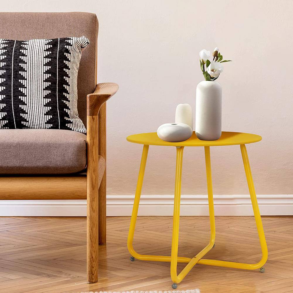 Yellow Round Metal Outdoor End Table with Adjustable Feet