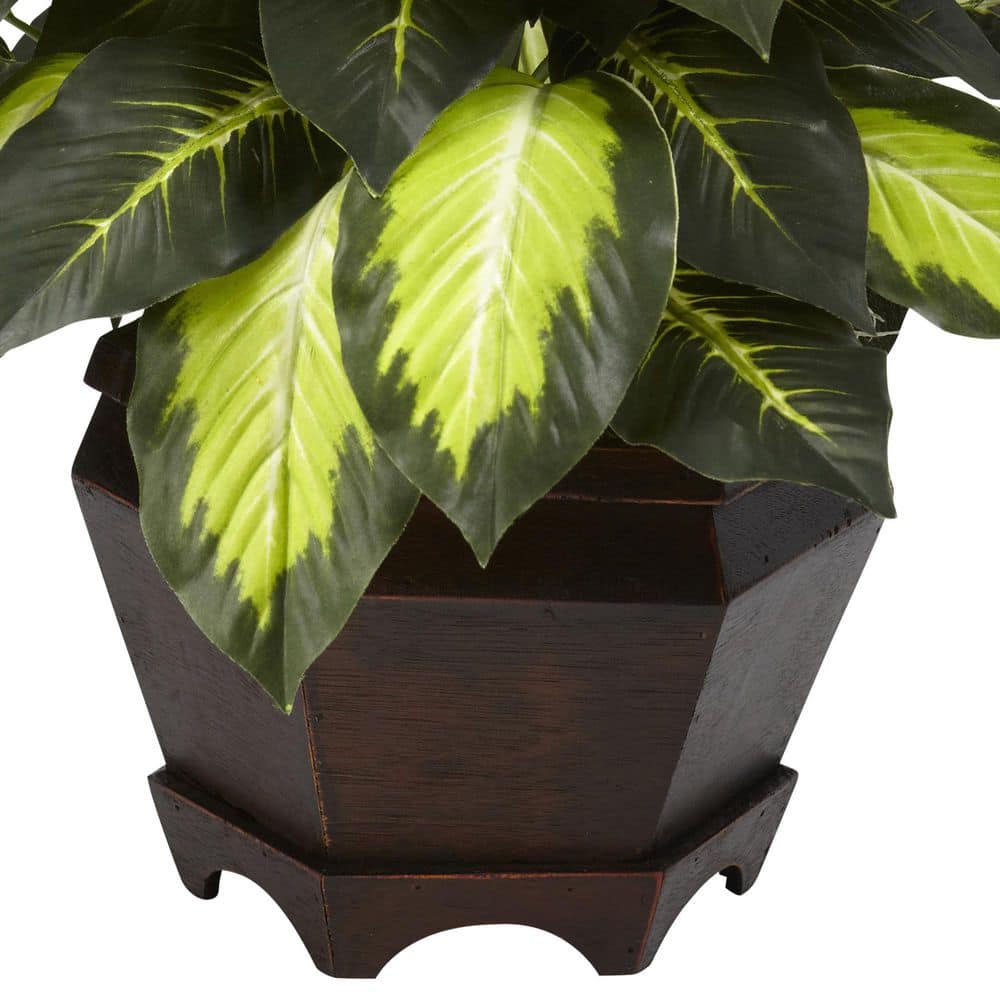 Compact Golden Leaf Dieffenbachia Silk Plant with Traditional Wooden Vase