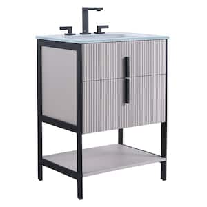 24 in. W x 18 in. D x 33.5 in. H Bath Vanity in Bright Taupe with Glass Single Sink Top in White With Black Hardware