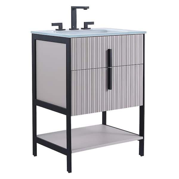 FINE FIXTURES 24 in. W x 18 in. D x 33.5 in. H Bath Vanity in Bright Taupe with Glass Single Sink Top in White With Black Hardware