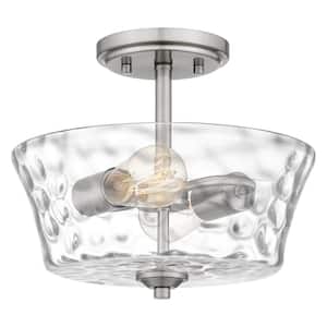 Acacia 11.75 in. 2-Light Brushed Nickel Semi-Flush Mount with Clear Water Glass