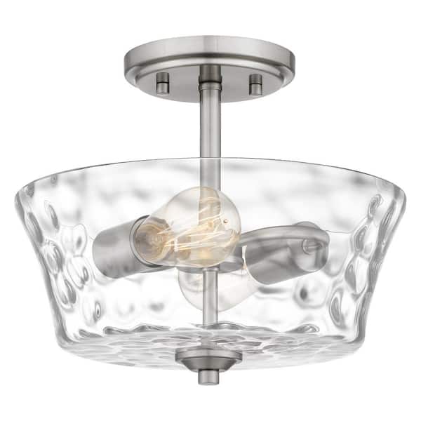 Quoizel Acacia 11.75 in. 2-Light Brushed Nickel Semi-Flush Mount with Clear Water Glass