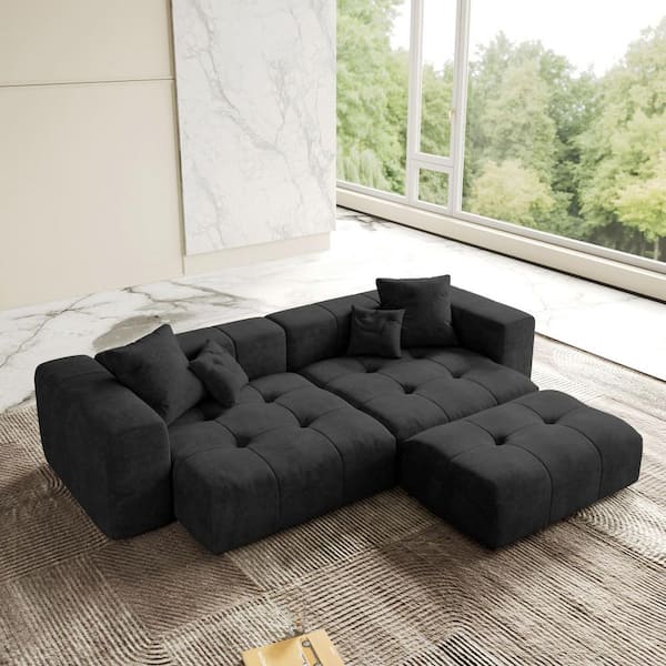 105 in. Oversized Square Arm Linen Rectangle Modular Sectional Sofa 2-Seater with Ottoman in. Black