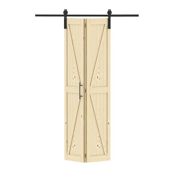 36 in. x 84 in. Solid Core Brown Finished Pine Wood Bi-Fold Door with Hardware Track Kit