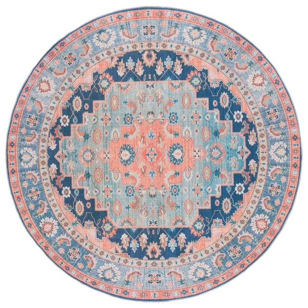 Arizona 6 ft. x 6 ft. Blue/Rust Machine Washable Floral Border Medallion Round Area Rug