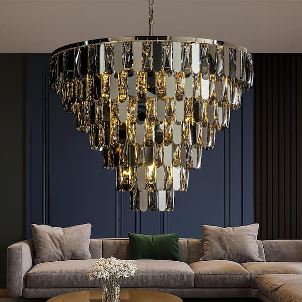 12-Light W28" Polished Nickel Modern and Contemporary 7-Tier Round Chandelier with Smoked Crystal and Stainless Steel