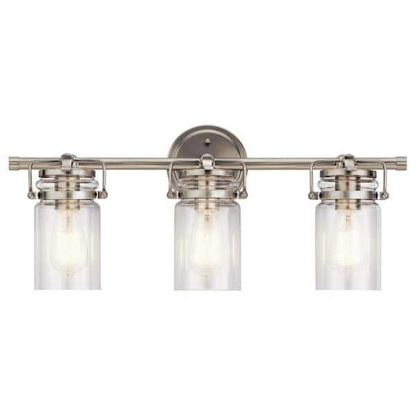 Brinley 24 in. 3-Light Brushed Nickel Vintage Bathroom Vanity Light with Clear Glass