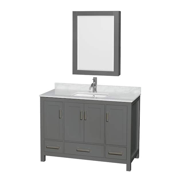 Wyndham Collection Sheffield 48 in. W x 22 in. D x 35 in. H Single Bath Vanity in Dark Gray with White Carrara Marble Top and MC Mirror