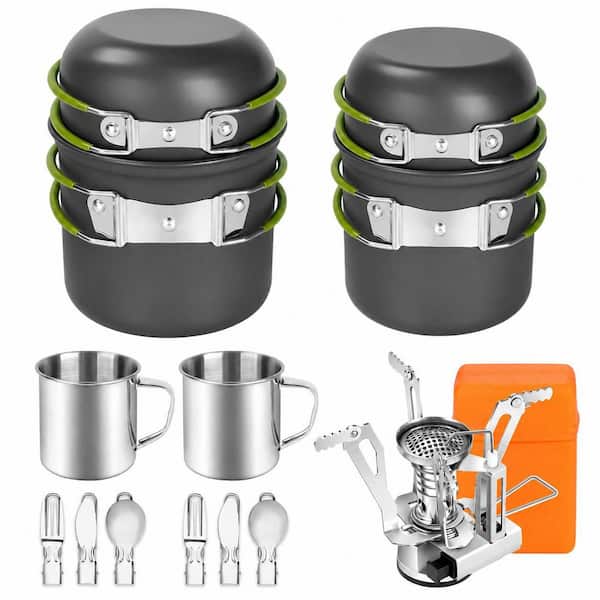 16 Piece Anodized Aluminum Nonstick Cookware Set in Black/Silver/Gray for Camping Hiking Backpacking Outdoor Cooking Kit