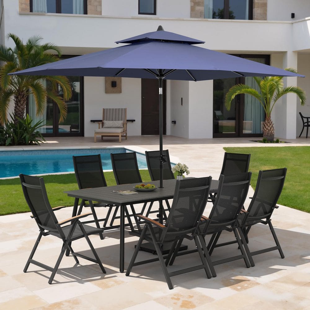 11-Piece Dark Gray Aluminum Outdoor Dining Set w/ Foldable Recliner Chairs, Navy Market Patio Umbrella and Wheeled Base price history on PriceWatchPro