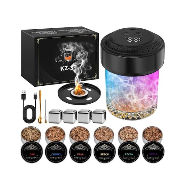 1-Kit Black Electric Cocktail Smoker Kit with Built-in Lighter and 6 Wood Chips for Whiskey and Drinks