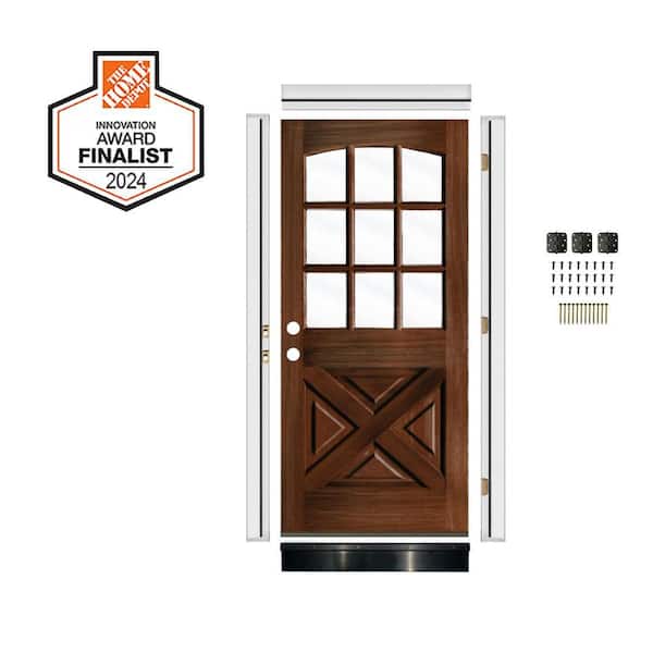 DIY 36 in.x 80 in. X-Panel Arch Right-Hand/Inswing Clear Glass Red Mahogany Stain Hemlock Wood Ready To Assemble Door