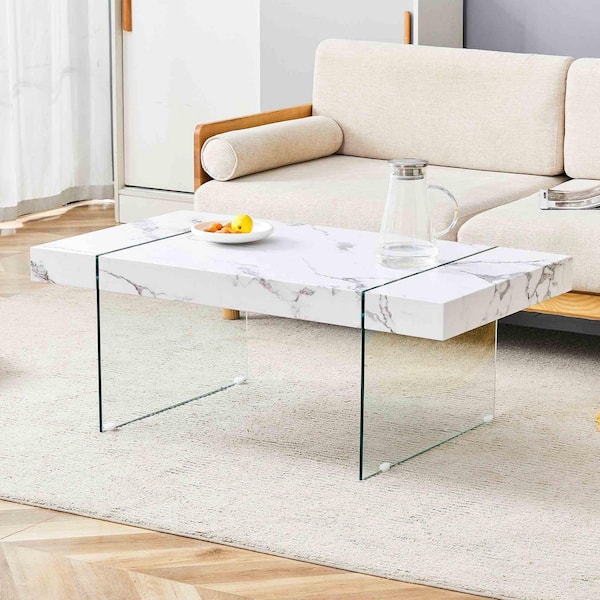 Polibi 43.3 in. Transparent, White Rectangle Glass Coffee Table