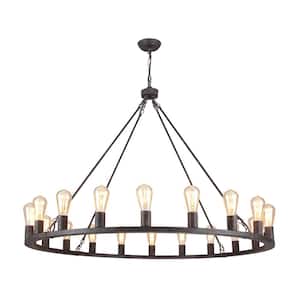Loughlam 20-Light Antique Black Farmhouse Candle Style Wagon Wheel Chandelier for Living Room Kitchen Island Dining Room