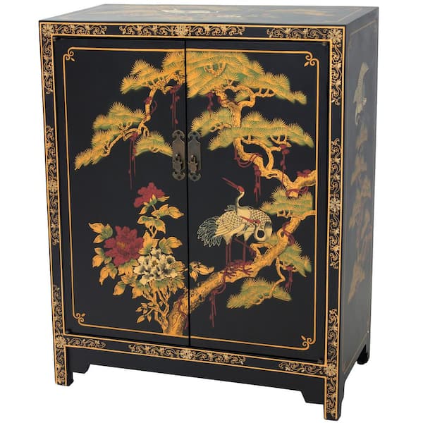 Oriental Furniture Black Lacquer Cranes Design Cabinet