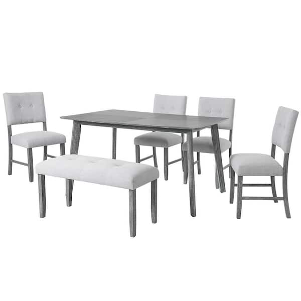 6-Piece Rectangular Gray Wood Top Dining Table Set Seats 5 with 4 Upholstered Chairs and Bench
