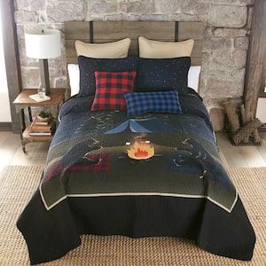 Bear Campfire 3-Piece Black Cotton Queen Quilt Set