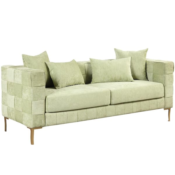 Polibi 80.50 in. Straight Arm Chenille Material Rectangle Sofa in Green with 4 Pillows and Metal Legs