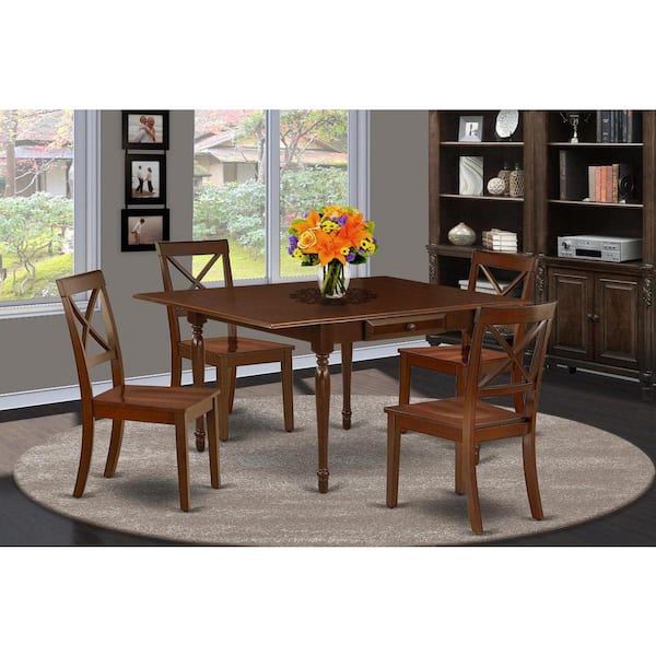 East West Furniture 5-Piece Mahogany Finish Solid Wood Top - Rectangular Dining Room Set with Dropleaf - Seats 4