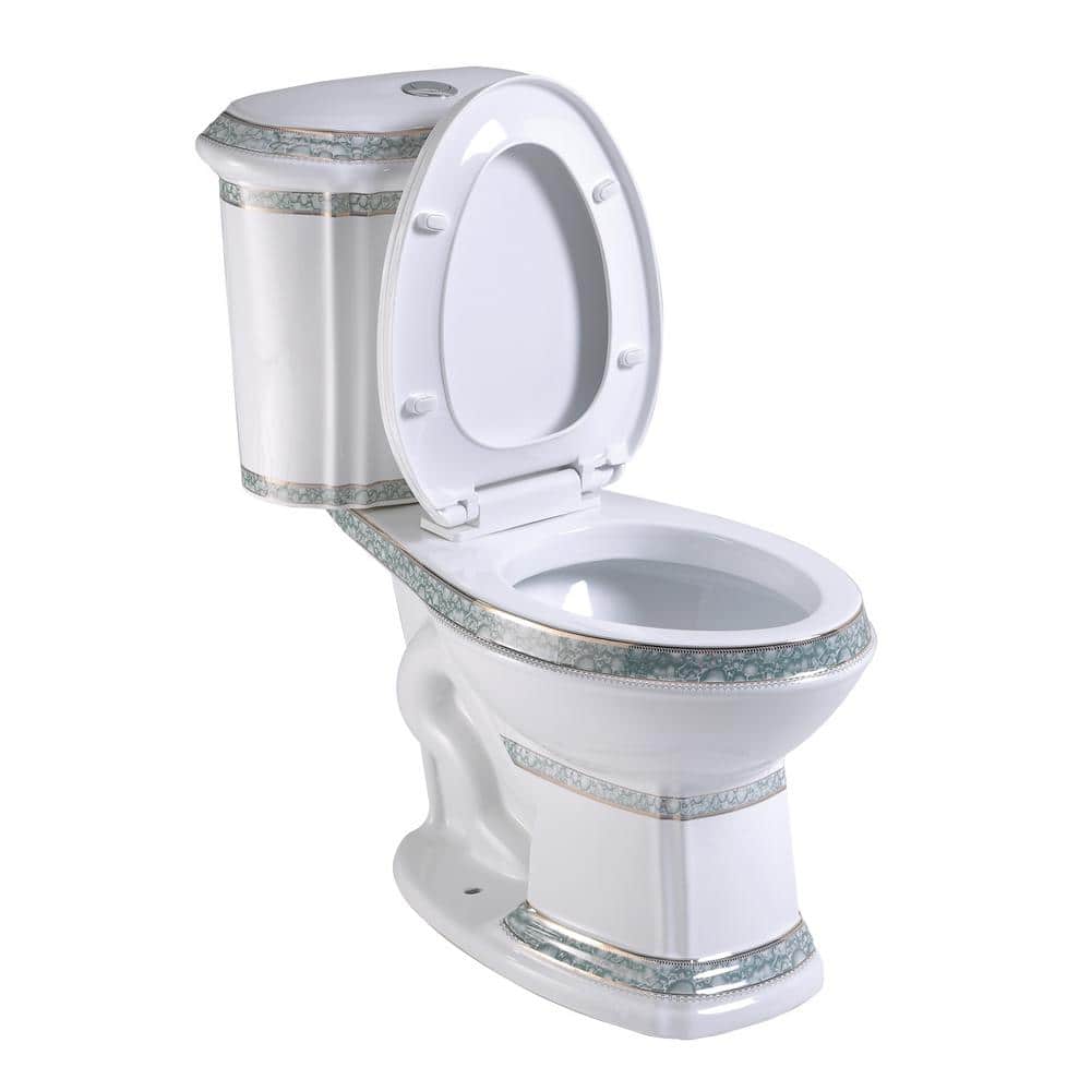Elongated White and Green Dual Flush Two-Piece Toilet