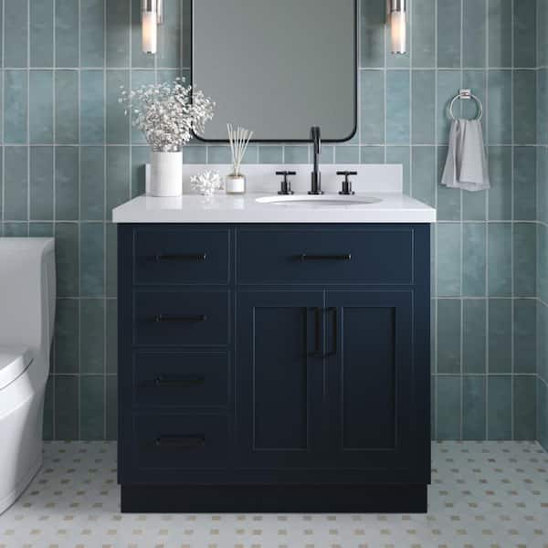 ARIEL Hepburn 37 in. W x 22 in. D x 36 in. H Bath Vanity in Midnight Blue with Pure Quartz Vanity Top with White Basin