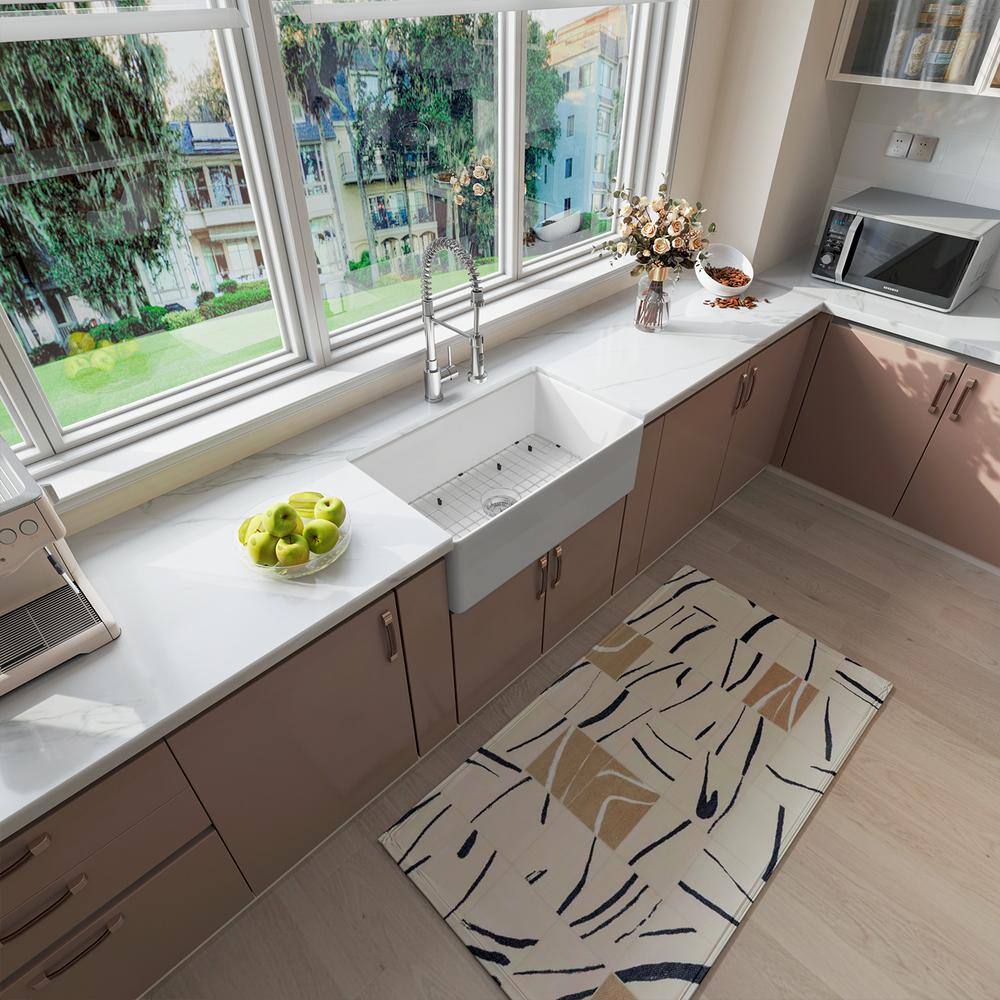Sinber 30" White Fireclay Farmhouse Apron Kitchen Sink with Drainboard