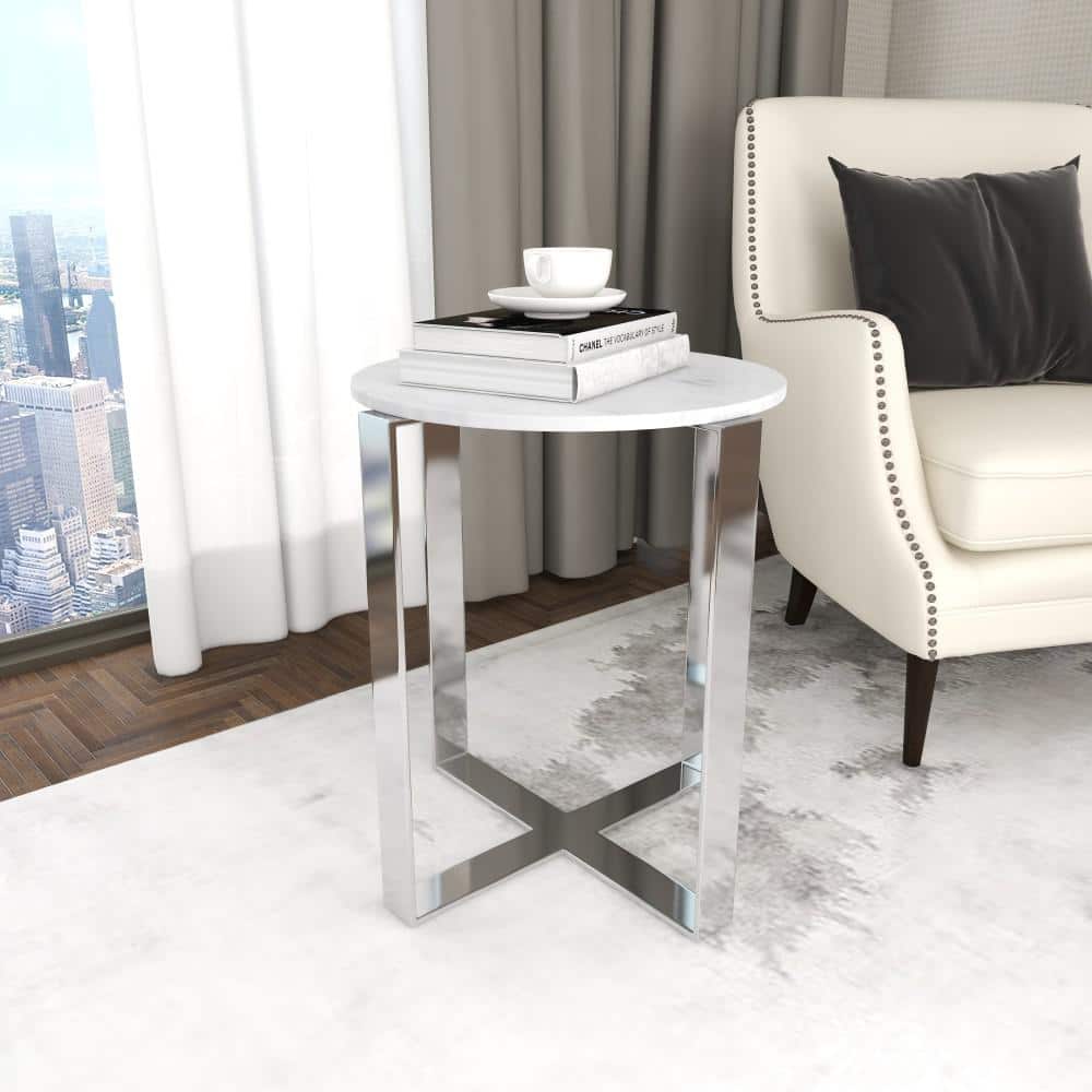 White Marble and Stainless Steel Round Accent Table