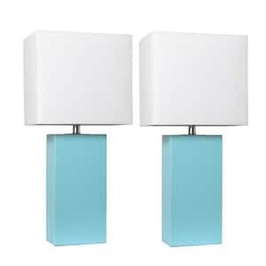 21 in. Modern Aqua Leather Table Lamps with White Fabric Shades (2-Pack)