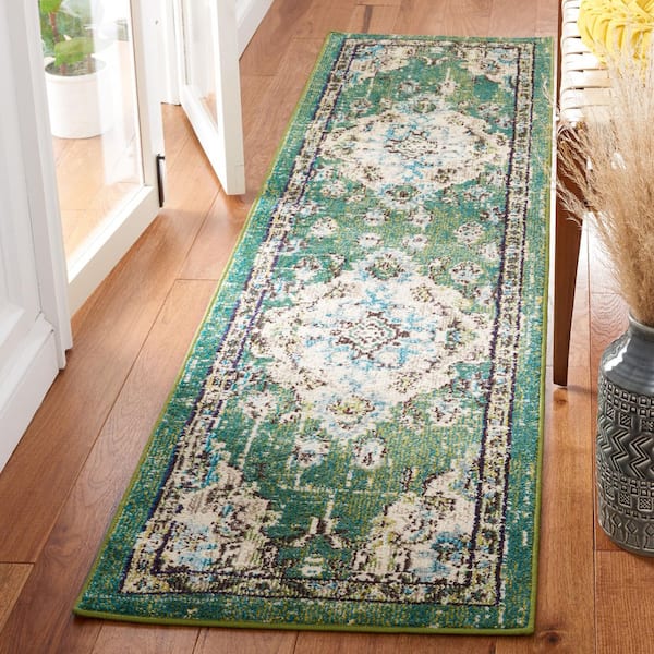 Madison Green/Light Blue 2 ft. x 12 ft. Border Floral Oriental Runner Rug