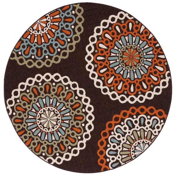Veranda Chocolate/Terracotta 5 ft. x 5 ft. Geometric Floral Indoor/Outdoor Round Area Rug