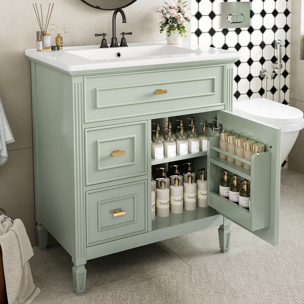 30 in. W x 18.4 in. D Green Freestanding Bathroom Vanity with Ceramic Sink, 3 Drawers and Adjustable Shelf price history on PriceWatchPro