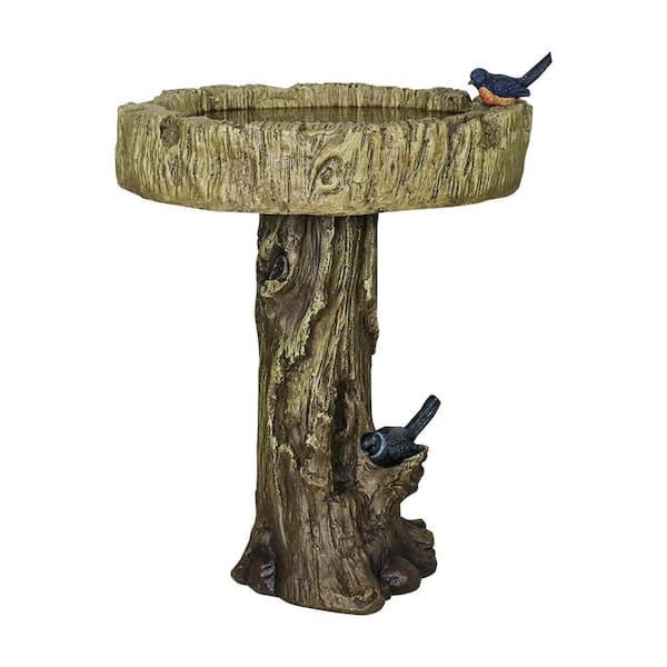 Trunk Series 24.4 in. H Brown Fibre-Reinforced Concrete Bird Bath with Tree Trunk Base, Outdoor Decor