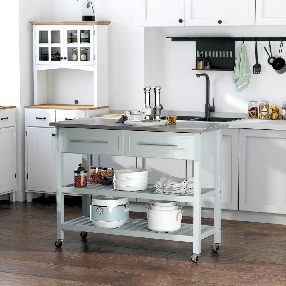 Light Gray Stainless Steel 47.3 in. Kitchen Island with Storage, 2-Tier Open Shelves, Drawers