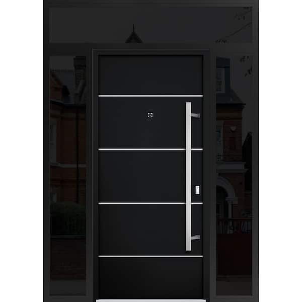 6083 60 in. x 96 in. Left-hand/Inswing 3 Sidelights Black Enamel Steel Prehung Front Door with Hardware