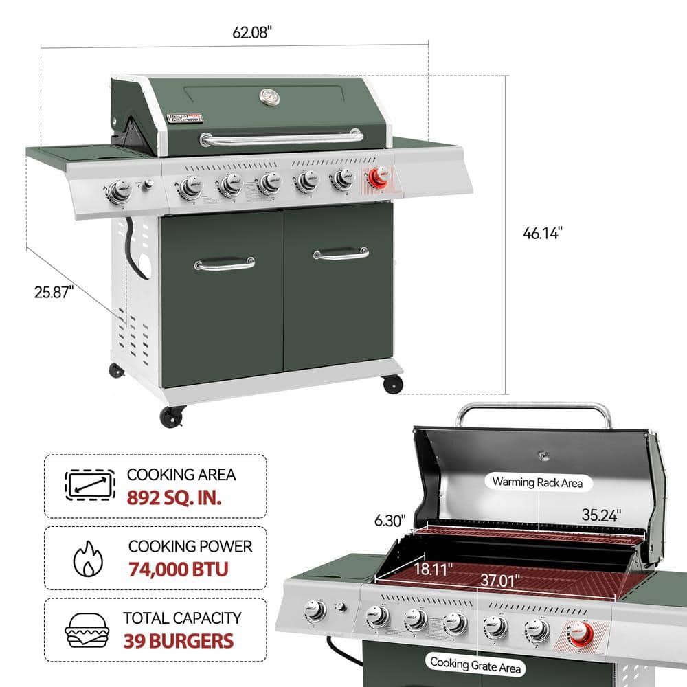 Olive Green Stainless Steel 6-Burner Propane Gas Grill with Side Burner