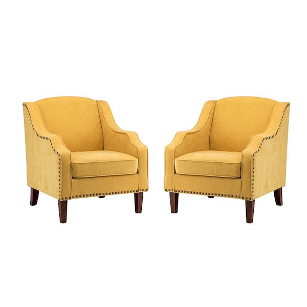 JAYDEN CREATION Mornychus Yellow Streamlined Armchair with Nailhead Trim and Removable Cushion (Set of 2)
