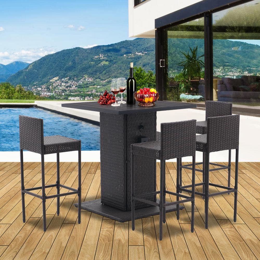 5 Piece Outdoor Bar Set All Weather PE Rattan and Steel Frame Patio Furniture With Metal Tabletop and Stools BS 1 The Home Depot