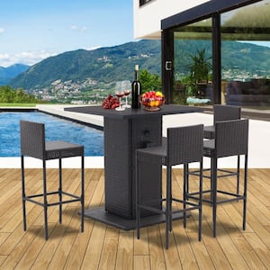 5-Piece Outdoor Bar Set All Weather PE Rattan and Steel Frame Patio Furniture With Metal Tabletop and Stools