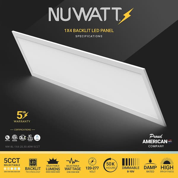 1 ft. x 4 ft. Drop Ceiling Backlit Integrated LED Panel 5CCT 30K-65K Color & Lumens Selectable Dimmable 120-277V (4-PK)