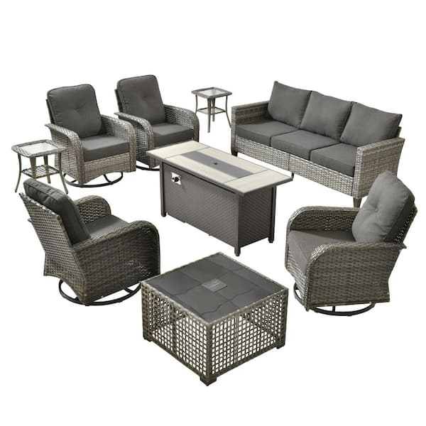 Scarlet 9-Piece Wicker Outdoor Furniture Patio Conversation Sofa Set with Swivel Chairs, a LED Table and Black Cushions