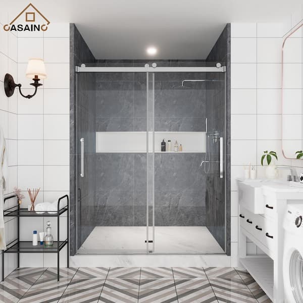 CASAINC 56-60 in. W x 76 in. H Double Sliding Frameless Shower Door in Chrome Finish with Clear Glass