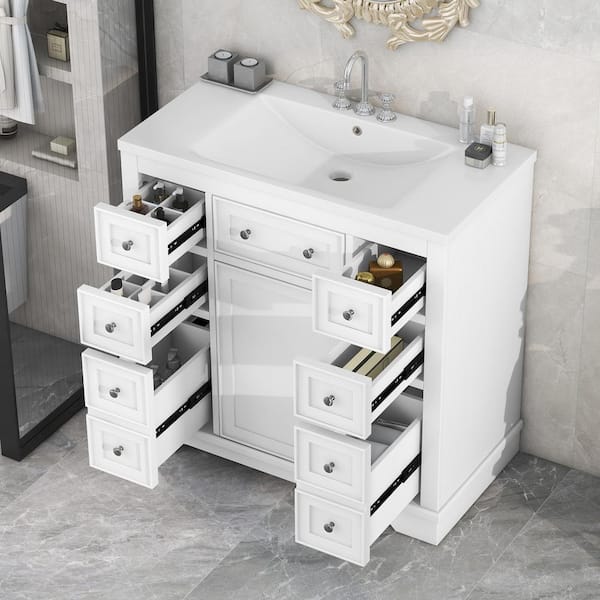 Tenleaf 36 in. W x 18 in. D x 35 in. H Single Sink Freestanding Bath Vanity in White with White Ceramic Top