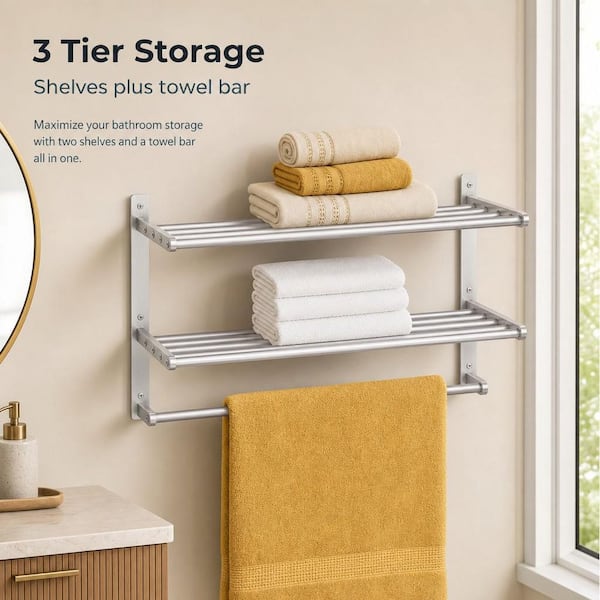 23.6 in. Wall Mounted 3-Tier Hotel Towel Rack in Brushed Nickel with Tower Bars and Towel Shelf for Bathroom