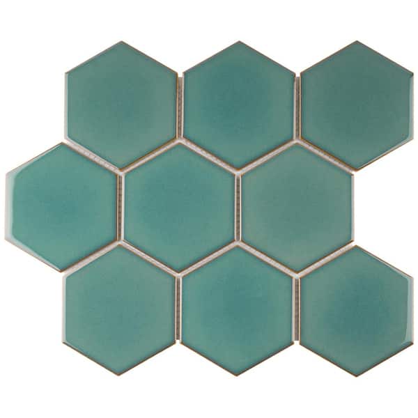 Porcetile Crystal Green 10.08 in. x 11.64 in. Hexagon Glossy Porcelain Mosaic Wall and Floor Tile (9.02 sq. ft./Case)