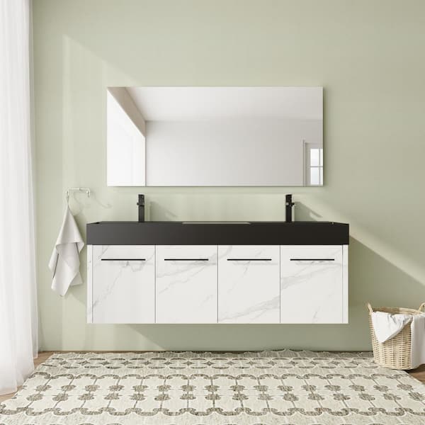 60 in. Wall-Mounted Double CarraraWhite+White Bath Vanity with Black Resin Top Unassembled